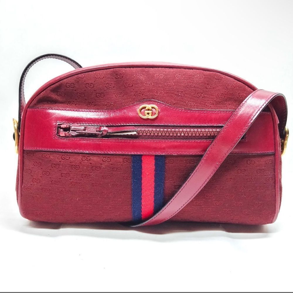 Vtg Gucci Red GG Monogram Canvas Leather Web Sherry Line Shoulder Bag Ophidia